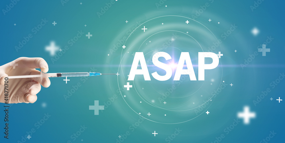 Syringe needle with virus vaccine and ASAP abbreviation, antidote concept Syringe needle with virus vaccine and ASAP abbreviation, antidote concept
