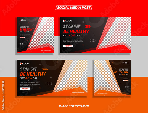 Gym and fitness social media post banner pack with red and orange color abstract shapes.