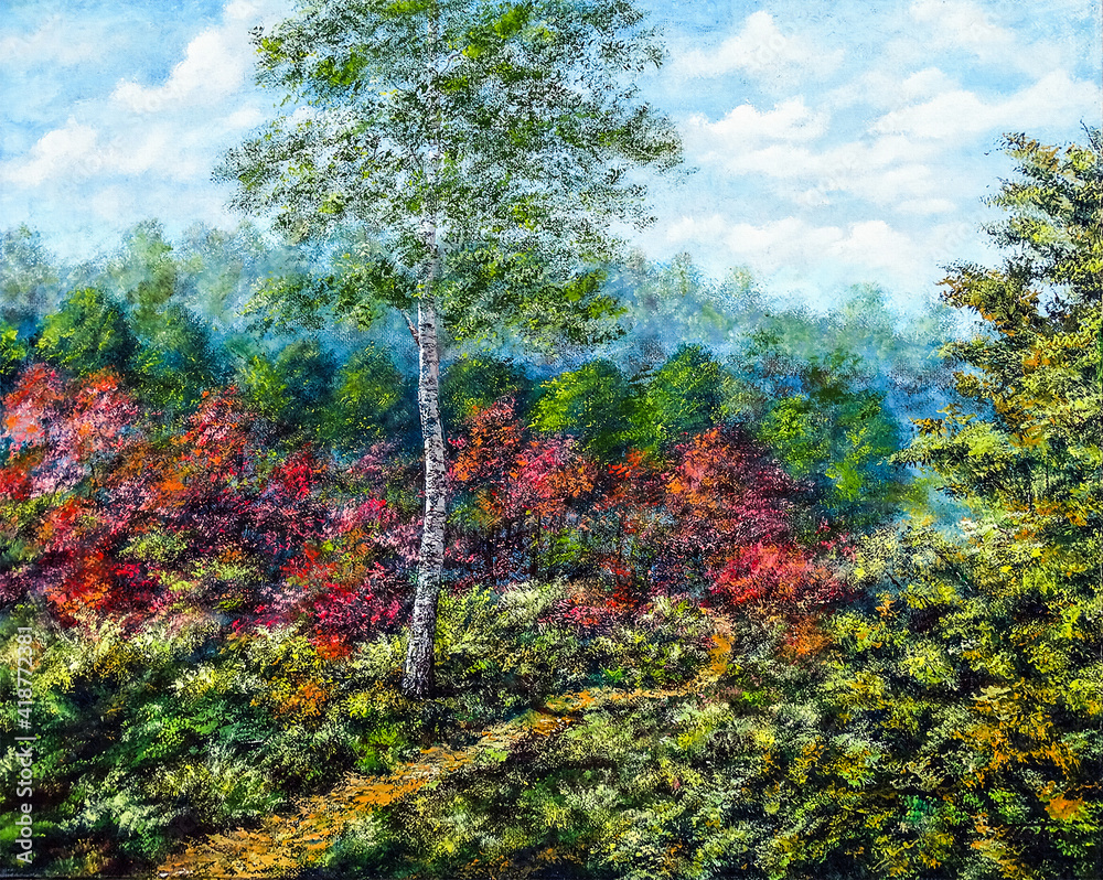 Fototapeta premium Birch tree next to a forest path. Illustration of an art painting, acrylic on canvas