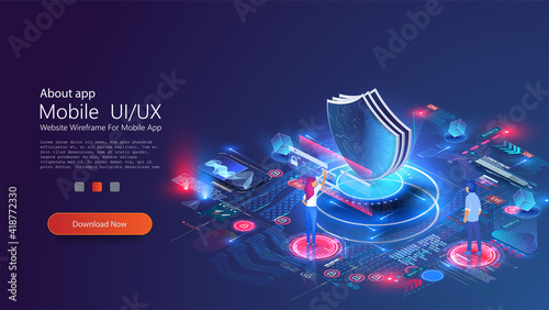 The concept of cyber security with characters. The concept of an online server protection system with a data center. Vector isometric illustration