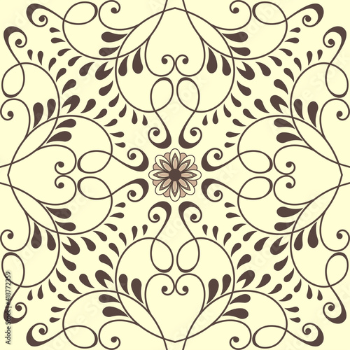 Elegant print with brown openwork pattern on a yellow background.
