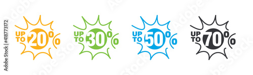 Summer Spring Sale special offer up to 20 30 50 70 % off yellow orange sun negative space discount numbers stickers labels white background