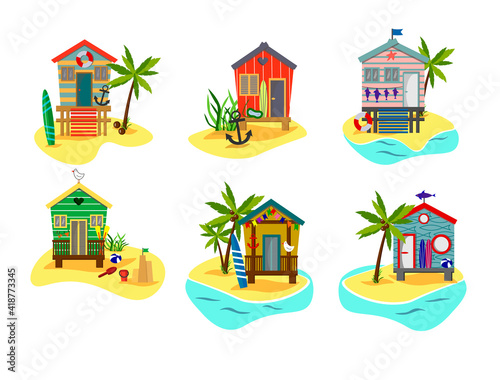 Set of summer illustrations with beach houses, palm trees and the sea. Summer time for a seaside holiday. Vector illustration for use in prints, posters, flyers and invitations, discount promotions.