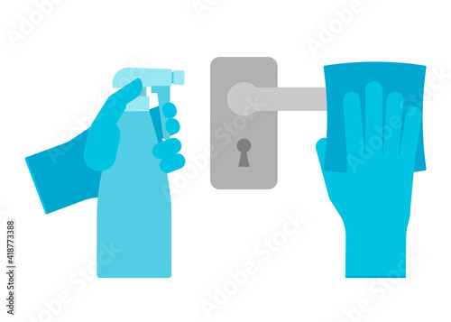 Wipe and clean doorknob with antibacterial disinfecting wipe in gloves for protection bacterial and corona virus. Wash surface at home or public with cloth. Sanitize handle with wet tissue. Vector