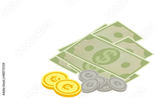 Three-dimensional illustration of dollar bills and cent coins, isometric