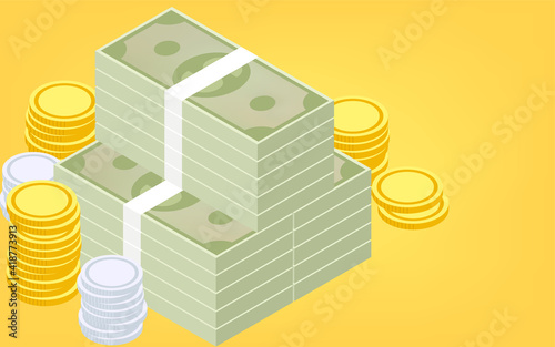 Three-dimensional illustration of stacked bills and coins, isometric