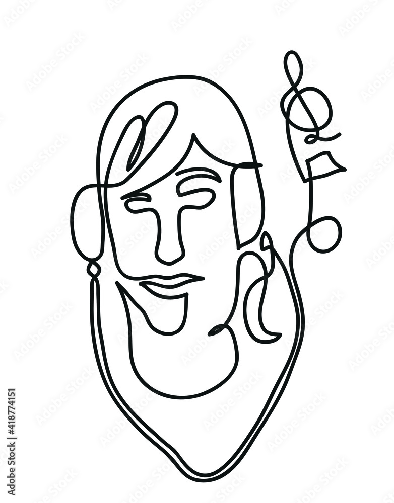 One line drawing of woman listening music via headphones. 
One continuous line drawing of woman listening to music
