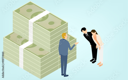 Illustrations of men and women requesting loans, isometric