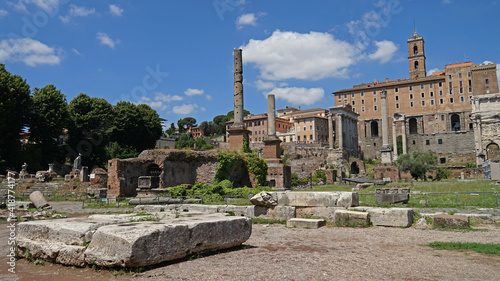 Remains of Ancient Roman Forum with Column of Phocas, heart of Roman Empire, famous tourist landmark, guided tour concept, Rome, Italy