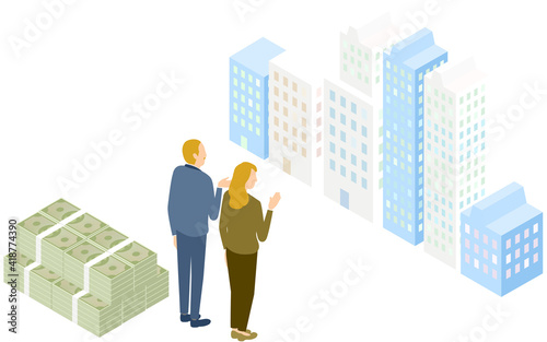 Isometric, senior men and women trying to buy an apartment