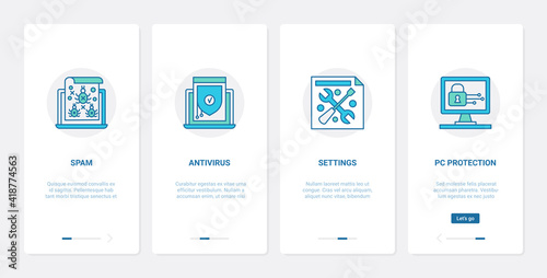 Antivirus computer protection, cybersecurity technology vector illustration. UX, UI onboarding mobile app page screen set with line software settings protecting network against spam, antispam symbols