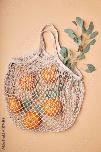 Reusable shopping bags on brown background. Zero waste concept. No plastic