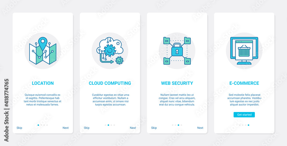 Website ecommerce safe internet service vector illustration. UX, UI onboarding mobile app page screen set with line location, cloud computing technology, security and secure commerce in web symbols