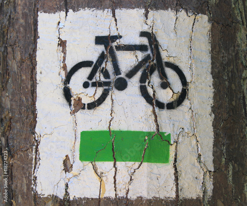 Green bicycle sign on the tree