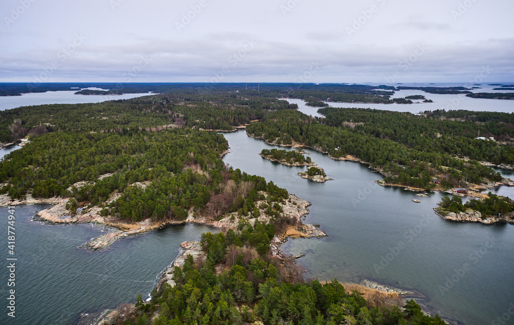 Aerial view of the Baltic seashore in Finland in Autumn. Porkkalanniemi is a peninsula in the Gulf of Finland.