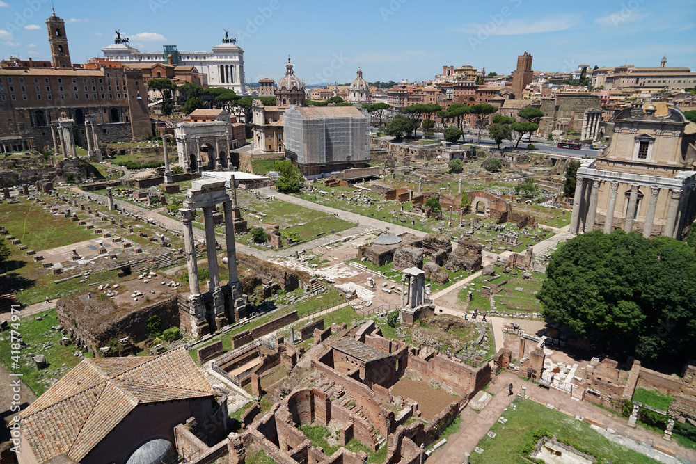 Ancient Roman Forum aerial panoramic view with no people during coronavirus covid-19 pandemic, heart of Roman Empire, famous tourist forum romanum landmark, Rome, Italy