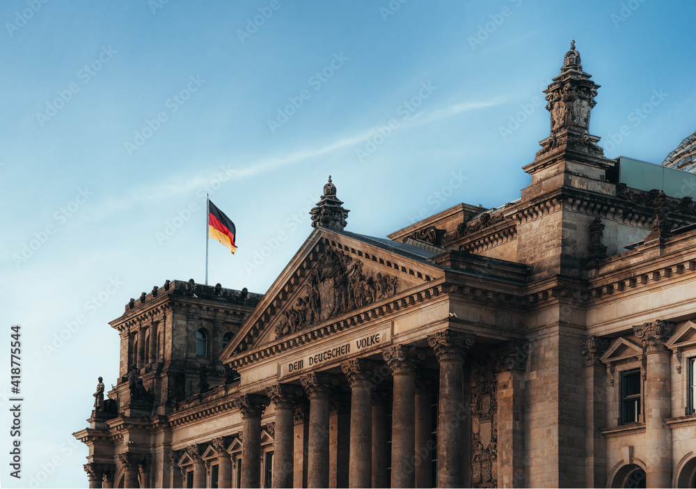 View towards Reichstag, German parliament building in the government district in Berlin.