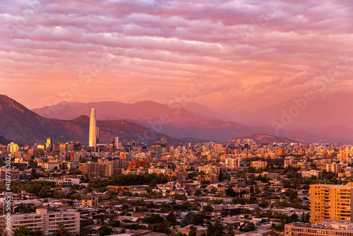 Panoramic view of Santiago de Chile during an orange sunset