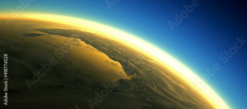 Fototapeta Naklejka Na Ścianę i Meble -  Section of the earth's surface with orange glowing and dense atmosphere to illustrate global warming - 3d illustration