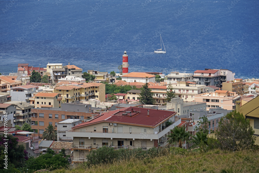 Lighthouse above Strait of Messina in Villa San Giovanni aerial view, Italy