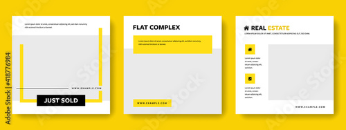 clean editable social media layouts with yellow accent, square graphic banners for instagram and facebook, real estate graphic templates for agents