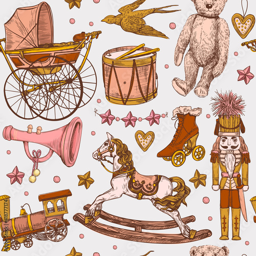 Vector hand-drawn seamless pattern with a set of pastel colors vintage toys. Collection of children's toys, doll, baby carriage, train, drum, teddy bear, wooden horse, stick horse, Christmas toys.