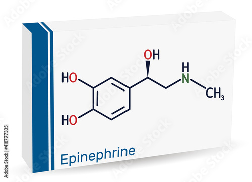Adrenaline, epinephrine molecule.  It is hormone, neurotransmitter, medication. Used as drug due to its various important functions. Paper packaging for drugs