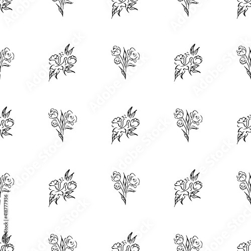 Doodle simple vector seamless pattern of hand-drawn peonies. Seamless random pattern of hand-drawn peonies. Isolated on white background.