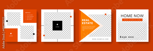 Orange social media layouts for real estate agency, graphics for selling houses, modern design for property agents