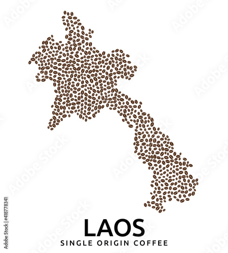 Shape of Laos map made of scattered coffee beans, country name below