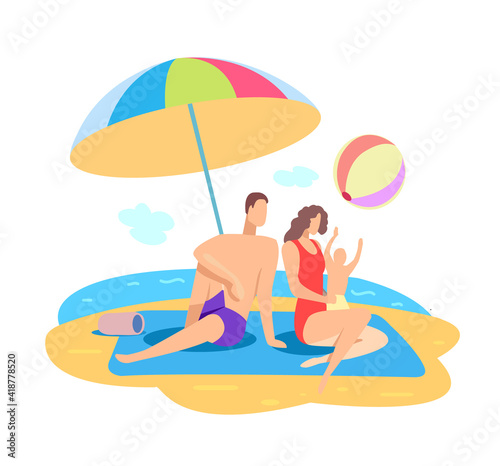 Family summer beach vacation at the sea. Mom, dad and baby. Rest at the sea. Isolated on a white background. Summer, warmth, water. Vector flat illustration