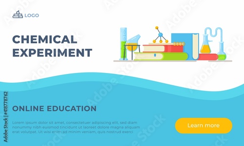 Experimental chemistry lesson. Vector illustration of conducting experiments at school. Flasks and test tubes.