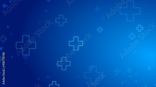 Medical health blue cross neon light shapes pattern healthcare technology background.