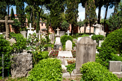 The Non-Catholic Cemetery in the rione of Testaccio, Rome, Italy, often referred as Protestant Cemetery, burial place of many notable people, as writers, poets, artists. © AlexMastro
