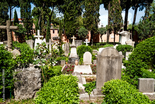 Photography The Non-Catholic Cemetery in the rione of Testaccio, Rome, Italy, often referred as Protestant Cemetery, burial place of many notable people, as writers, poets, artists