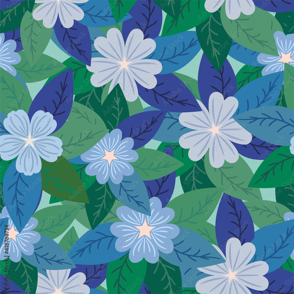 Seamless pattern with blue flowers and green leaves. Vector