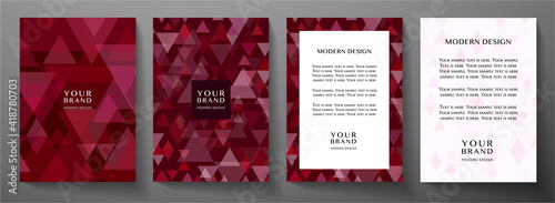 Modern maroon cover, frame design set with abstract creative triangle pattern. Ruby geometric vector backdrop for notebook cover, business background, brochure template