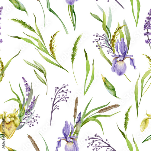 Seamless watercolor floral pattern. Wild herbs, green leaves and garden flowers on white background. Perfect for wrappers, wallpapers, romantic events, postcards, greeting cards, wedding invitations.