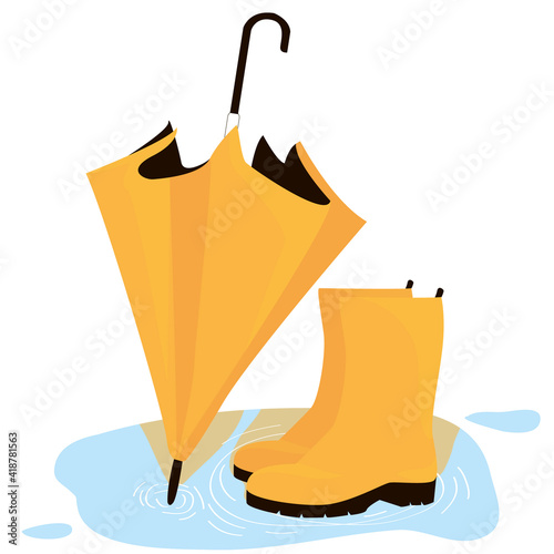 yellow rubber boots and a yellow umbrella for walking in cloudy weather against the backdrop of a puddle. slush and puddles. accessories for walking in autumn and spring. vector flat. isolated