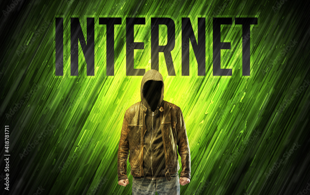 Mysterious man with INTERNET inscription, online security concept