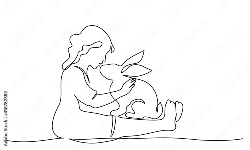 Obraz premium Happy Easter. Girl sitting with rabbit. Continuous one line drawing