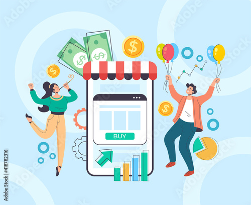 Succesful entrepreneur happy people characters celebraiting. Succesful online busines sale discount concept. Vector flat graphic design illustration
