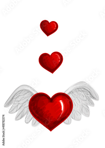 Red  shining hearts. Big and small hearts with wings background. Happy Valentine s Day card  Mother s Day  Birthday  Holidays with heart love.