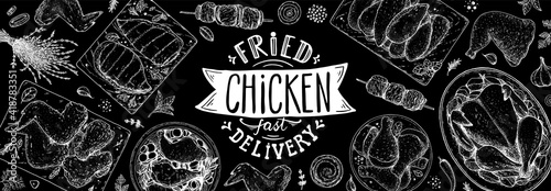 Chicken dinner. Grilled and Fried chicken. Hand drawn sketch illustration. Grilled chicken meat top view frame. Vector illustration. Engraved design. Restaurant menu design template.