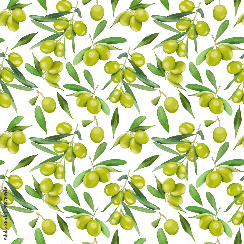 Pattern with green olive fruits with leaves isolated on white background. Top view. Pattern with green olive fruits with leaves isolated on white background. Top view.