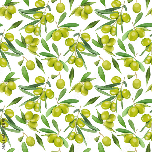Pattern with green olive fruits with leaves isolated on white background. Top view.