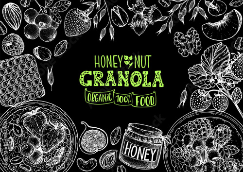 Granola ingredients illustration. Oat flakes , berries, fruits and nuts hand drawn sketch. Breakfast top view frame. Morning food menu design. Hand drawn vector illustration.