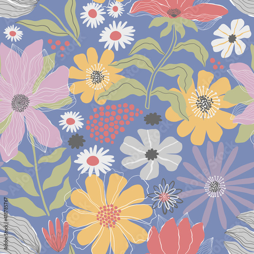 Vector seamless pattern. Spring colorful flowers on blue background.
