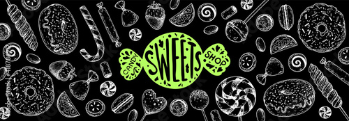 Set of sweets. Isolated on white background. Hand drawn vector illustration. Black and white candies set. Vector illustration in sketch style.