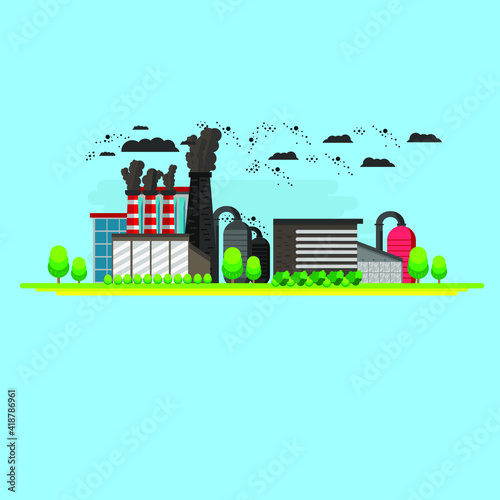Vector factory illustration. Polluting environment. Clouds full of smoke and chemical impurities. Landscape with trees and shrubs. Manufacturing or chemical factory. Flat design